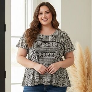 Valerie Stevens XL Black‎ White Cotton Lace Top Floral Geometric Lined Boho